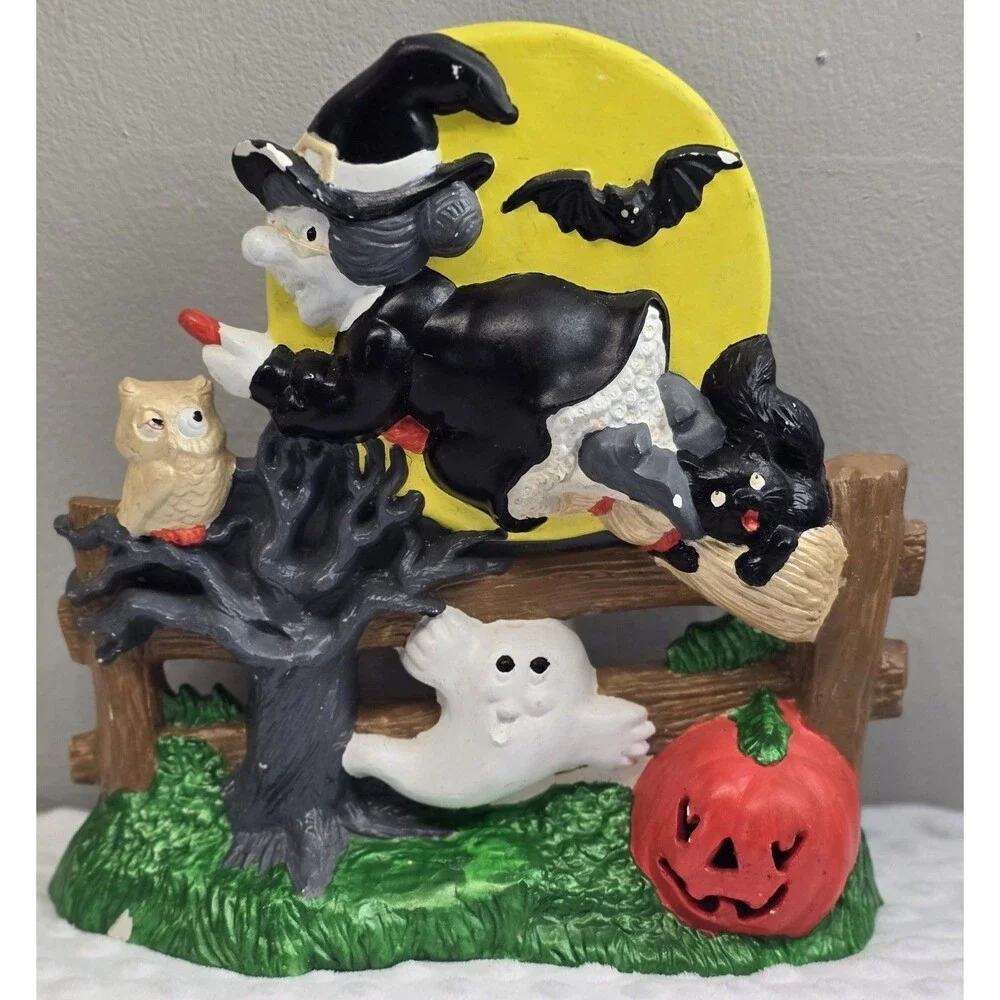 Vintage 1980 Halloween Witch Ghost Pumpkin Duncan Enterprise Bisque No Lamp Cord